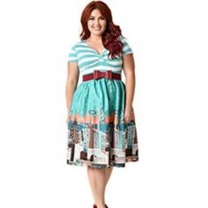 Unique Vintage Retro NYC Stripe Dress w/Belt